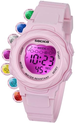 Image of SOCICO Kids Digital Watches for Girls Boys Aged 5-10, Childrens Outdoor Sports Waterproof Watch with Led Light,Alarm Clock, Stopwatch, 12/24H for Kids Great Gifts (Pink)