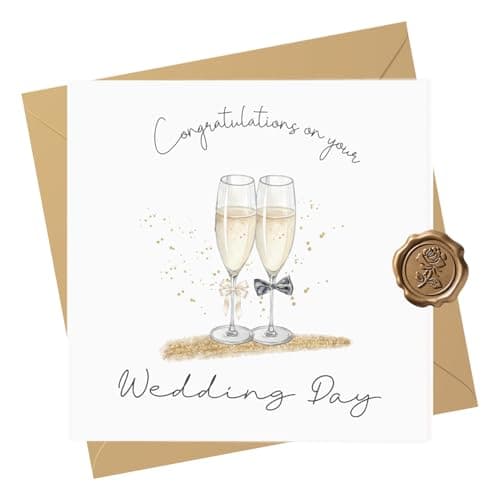 Image of Tayenura Wedding Card for Bride and Groom with Champagne Flutes and Bow Detail, Stylish Set with Kraft Envelope and Embossed Seal Sticker, Thoughtful Wedding Gift for the New Mr and Mrs