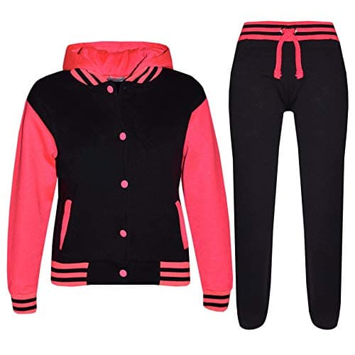 Image of A2Z 4 Kids Girls Boys Baseball Tracksuit - T.S B.B Plain Black & Neon Pink 11-12