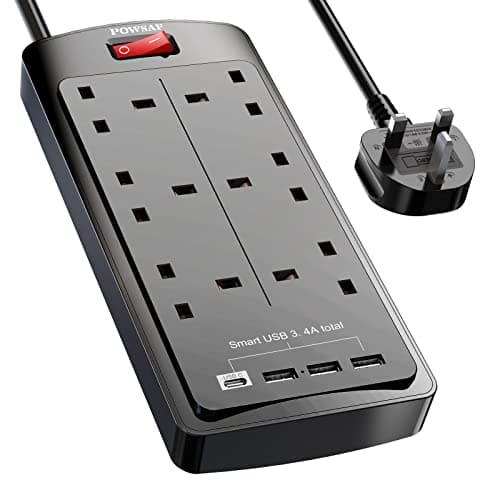 Image of POWSAF 6 Way Extension Lead with 4 USB Slots (3.4A, 1 Type C and 3 USB-A Ports),Power Strip Extension Cord with 6 Plug Extension Socket and 2M Extension Cable for Home Office Travel,Black