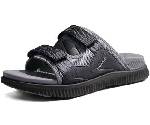 Image of KuaiLu Mens Walking Slide Sandals Orthotic Athletic Thick Cushion Recovery Sport Sandles Adjustable Strap Open Toe Slip On Yoga Mat With Comfortable Plantar Fasciitis Arch Support Grey Size 10