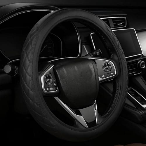 Image of Steering Wheel Covers, Leather Car Steering Wheel Cover 15 Inch, Universal Fit 38cm Black, Non-Slip Grip for Enhanced Control, Car steering wheel cover