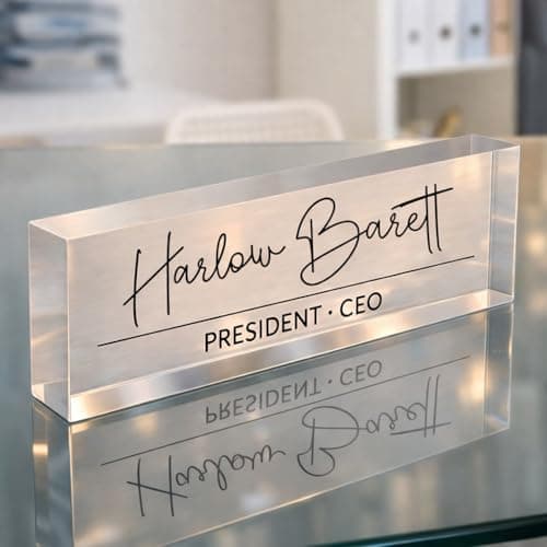 Image of Personalised Office Desk Name Plate Custom Modern Plaque Sign Clear Glass Effect Black Acrylic Base Work Home Gift for Loved Ones