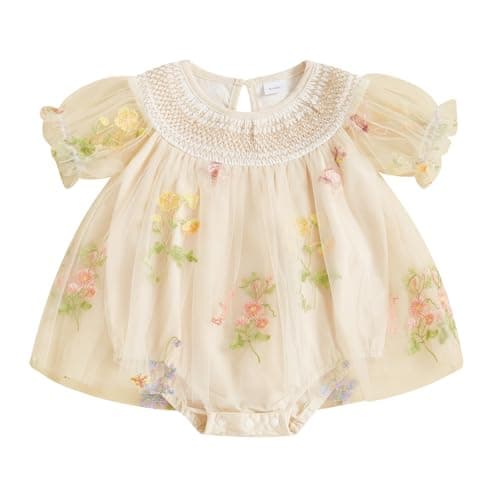 Image of Geagodelia Infant Baby Girl Romper Dress Newborn Baby Girls' Bodysuits Flower Embroidery Jumpsuit Skirt Tulle Princess Dress A-Line Pageant Baptism Wedding Birthday Party Dress (Apricot, 0-3 Months)