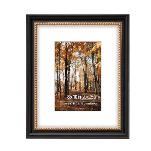 Image of Eitida 8x10 in Wood Classic Black Picture Frame, Ornate Gold Beaded Inner, Matted for 5x7 Photo, Tabletop or Wall Mount Display, Black