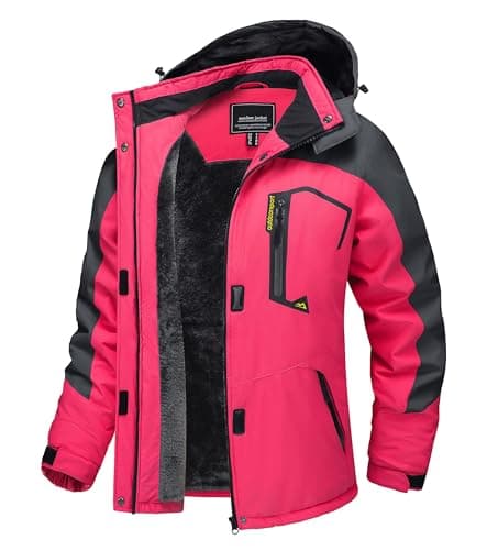 Image of TACVASEN Ladies Waterproof Jackets Outdoor Hiking Walking Coat Winter Women Hooded Rain Jacket Windproof Warm Fleece Thermal Ski Coats Rose