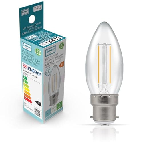 Image of Crompton Lamps Filament Candle LED Light Bulb BC-B22d | 2.5W = 25W Equivalent | Cool White 4000K | Energy Efficient | Bayonet Lightbulb | Long Life 15000-Hrs | Clear Glass | Dimmable