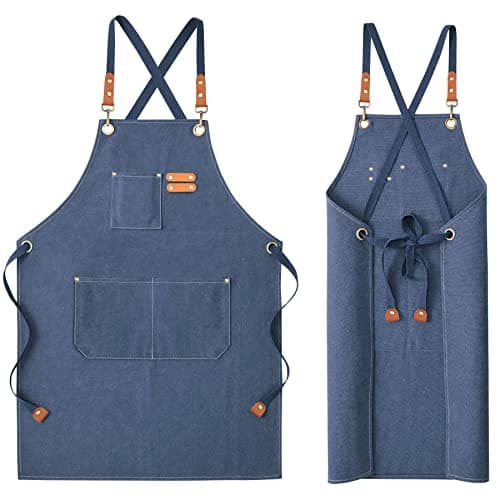 Image of UDIANIS Chef Apron for Men Women - Cross Back Workshop Apron for Cooking, Baking, BBQ, Art Painting - Heavy Duty Denim Work Apron with Pockets for Garden, Craft, Garage (Blue)