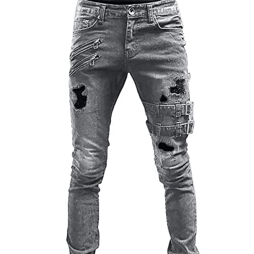 Image of BiCophy Mens Slim Fit Stretch Jeans Vintage Ripped Destroyed Comfort Flex Waist Skinny Jeans Fashion Hip Hop Moto Biker Denim Pencil Pants Jean(Grey,X-Large)