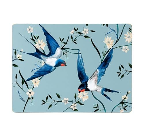 Image of Maison & White Flying Home Placemats, Set of 4, Cork Backed, Birds & Floral Design, Rectangular, Heat-Resistant, Multicoloured, 29 x 21.5 cm