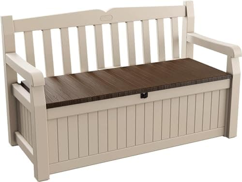 Image of Keter Eden Bench 265L Outdoor 60% recycled Garden Furniture Storage Box Beige & Brown Wood Panel Effect | Fade Free | All Weather Resistant | Safe and Secure | Zero Maintenance | 2 year Warranty