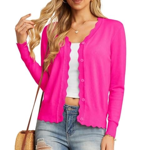 Image of GRECERELLE Women's Cardigans Knit Long Sleeve V Neck Button Down Lightweight Ladies Scalloped Shrugs Jumper Cardigan for Dresses Summer (Hot Pink, M)