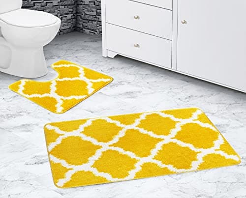 Image of La Maison Bathroom Rug Set 2 Piece Lattice Geometric Non Slip Bath Mat and Pedestal Mat Set Quick Dry Shower Bath Super Soft Toilet Mat Set (Ochre)
