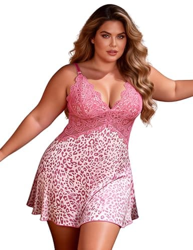 Image of comeondear Plus Size Babydoll Lingerie for Women UK 16-18, Pink Leopard Silky Lace Chemise Nightwear Set V Neck Nighties for Valentines Lingerie Night