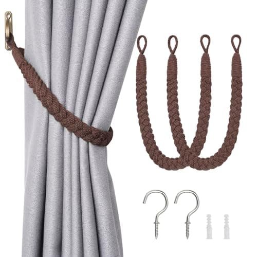 Image of Pretty Jolly 2 Pack Natural Cotton Rope Curtain Tiebacks Elegant Boho Style Decorative Drape Tie Backs Soft Hand-Woven Rope Curtain Holdbacks with Metal Hook for Home & Office Drapery (Coffee)