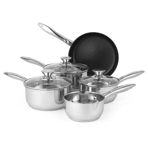 Image of Russell Hobbs BW06572 Classic Collection 5 Piece Pan Set, 14/16/18/20/24 cm, Stainless Steel, Non-Stick, Suitable for Induction, Gas and Electric Hobs, Includes Tempered Glass Lids, 5 Year Guarantee