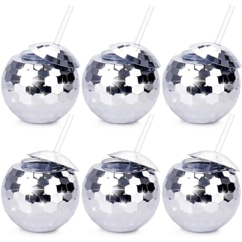 Image of Nicunom 6 Pack Disco Ball Cups with Lids & Straws, 600ml Reusable Silver Disco Ball Tumbler 1970s Disco Flash Ball Cocktail Cup Sparkly Glitter Disco Bar Party Wine Drinking Tea Syrup Bottle