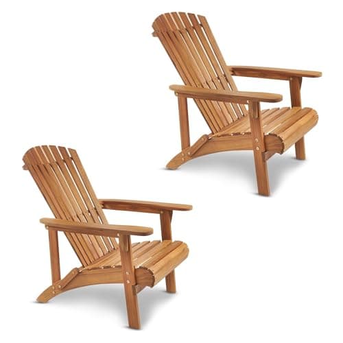 Image of VonHaus Natural Adirondack Chairs Set of 2 - Outdoor Acacia Hardwood Garden Chairs & Teak Oil Finish - Durable Weather Resistant Wood for Patio & Deck - Ergonomic Sloped Back - Hudson