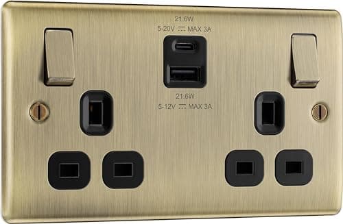 Image of BG Electrical 22W Double Switched Wall Plug Socket with Fast Charge USB A and USB C Charging Ports, Nexus Metal, Antique Brass, 13A, NAB22UAC22B