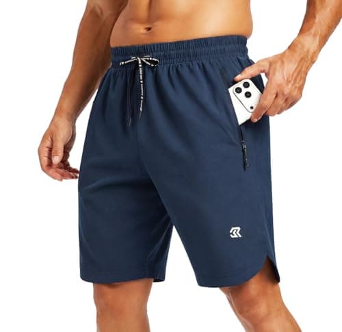 Image of Men's Running Shorts Side Split Athletic Gym Training Shorts with Zipper Pockets Quick Dry Lightweight Performance Workout Bottoms for Marathon Jogging Bodybuilding Fitness Sports Wear Navy Blue M