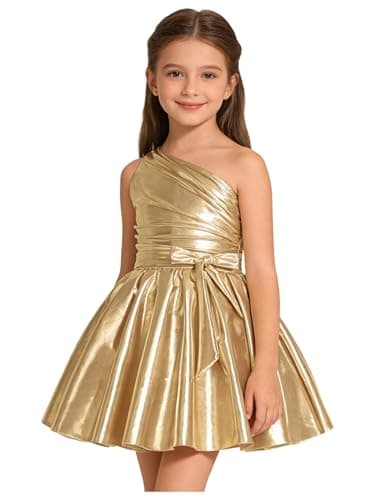 Image of CHICTRY Kids Girls One Shoulder Dance Dress Sleeveless Metallic Shiny Dress Dance Party Gown Gold 7-8 Years
