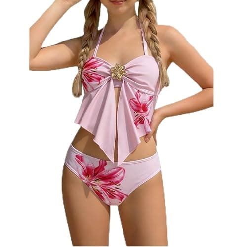 Image of Teens Girls Bikini Set 7-8 Years Swimming Costume Two Piece Spaghetti Strap Swimsuits Kids Sleeveless Floarl Bathing Suit Ruffle Swim Tops & Bottoms Swimwear Beach Surfing Pink