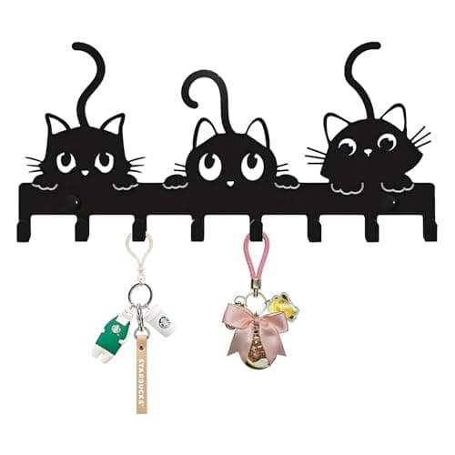 Image of CONGGUAN Cat Wall Hooks Metal Key Holder Animal Shaped Key Holder Wall Mount Hanger Decor Hanging Organizer for Keys Bags Hats Cute Coat Hooks Organizer for Bathroom & Entryway