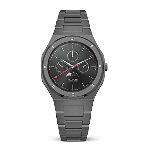 Image of Valuchi Luxury Fashion Men's Lunar Calendar Waterproof Stainless Steel Italian Leather Moonphase Sapphire Glass Japanese Quartz Analog Casual Watch with Date (Gunmetal Black)