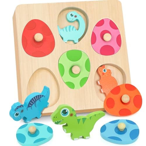 Image of Baby Wooden Montessori Dinosaur Puzzles Toys for Boys Girls 1 2 3 Year Old, Toddlers Sensory Toys Dinosaur Eggs Motor Skill Toy Sorting Game, Baby 1st Birthday Gift