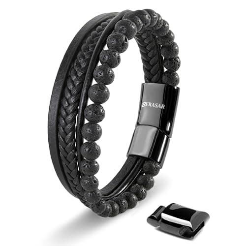 Image of SERASAR Leather Bracelet for Men Onyx Beads Mens Beaded Lava Cuff Bracelets Black Bead Stone Wrist Jewellery