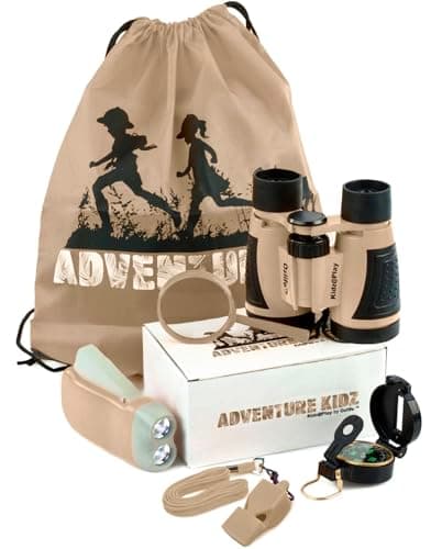 Image of Adventure Kidz Outdoor Exploration Kit, Children’s Binoculars, Flashlight, Compass, Fox Whistle, Magnifying Glass, Backpack. Great Gift Set for Educational, Pretend Play, Ages 3+ Boys Girls (Brown)