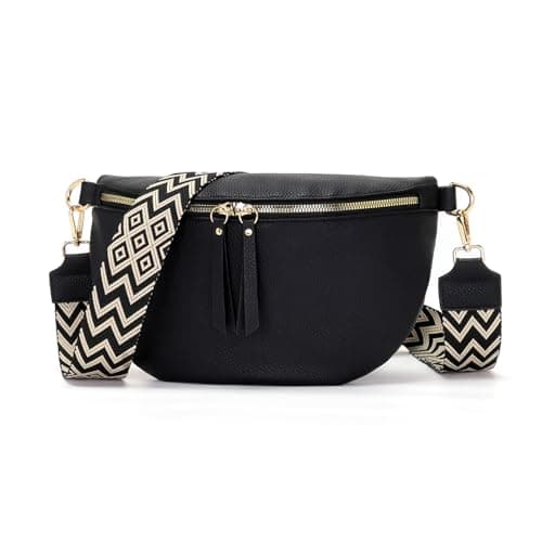Image of Vezluax 30x20cm Cross Body Bumbags for Ladies Large Bum Bag Stylish Waist Packs Women's Bumbag Fanny Pack for Women Belt Bag with Wide Strap Black