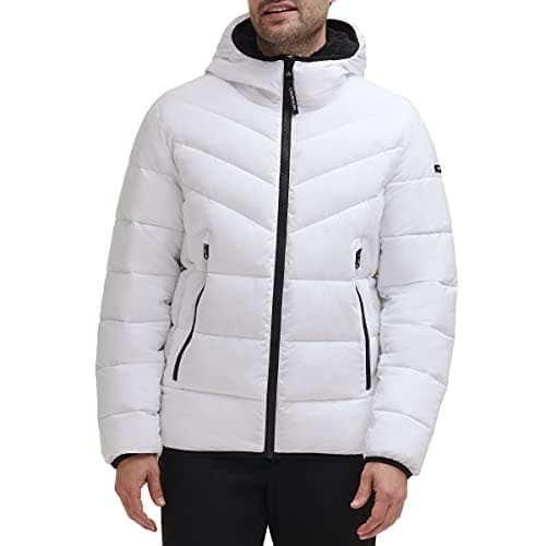 Image of Calvin Klein Men's Heavyweight Short Puffer Jacket, Hooded Stretch White, M