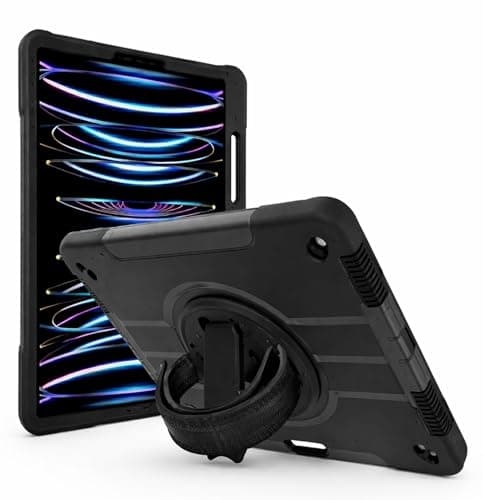 Image of World biz Heavy Duty Case for iPad Pro 12.9 inch (2022/2021/2020/2018, 6th/5th/4th/3rd Gen), Military Grade 3-Layer Full Body Rugged Cover Kickstand, Pencil Holder, Hand Strap (Black)