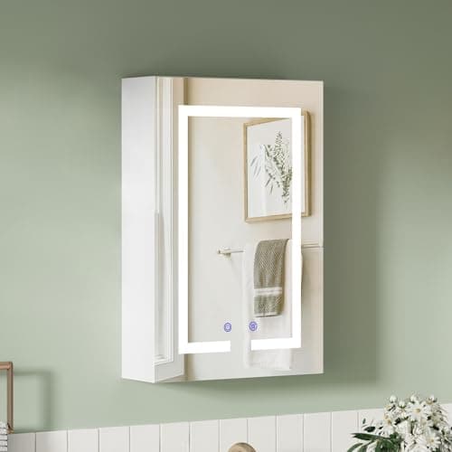 Image of BELIWIN Bathroom Wall-Mounted Mirror Cabinet with Led Lights and Shaver Socket, Upgraded Illuminated LED Bathroom Cabinets with Mirror,Demister Pad, Dimmable, 3 Colour Light, 400mm×600mm