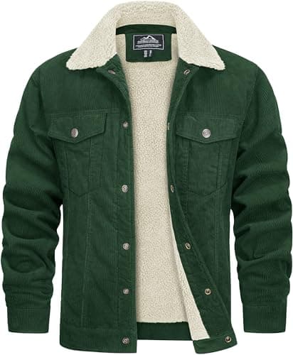 Image of TACVASEN Fleece Lined Jackets for Men Winter Warm Corduroy Lumberjack Jacket Thicken Thermal Trucker Coat with Pockets Emerald Green, XL
