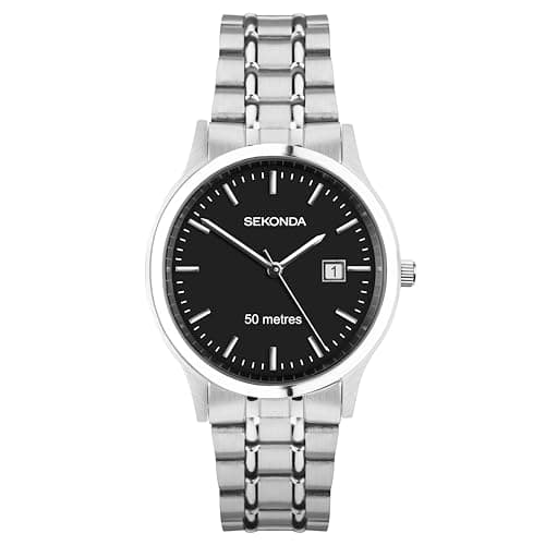 Image of Sekonda Mens Davies Classic 42 mm Stainless Steel Silver Watch With Black Dial 3 Hand 50 m Waterproof Folding Clasp Bracelet With Date Window And Minute Track