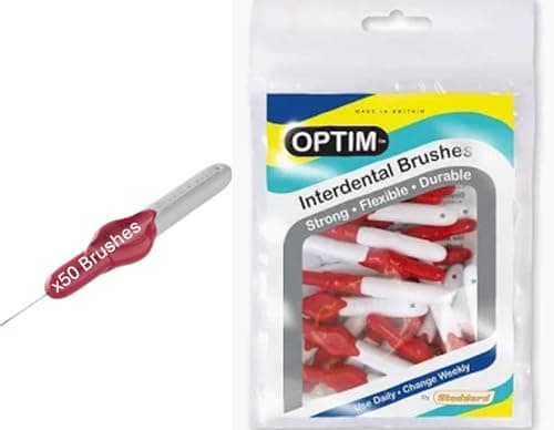 Image of Stoddard Icon Optim Interdental Brush, Red 0.5mm (ISO3). Effective Plaque Removal for Small Gaps. Includes 50 Brushes in the Pack, Plus the Infinite Essential Complete Oral Care Guide