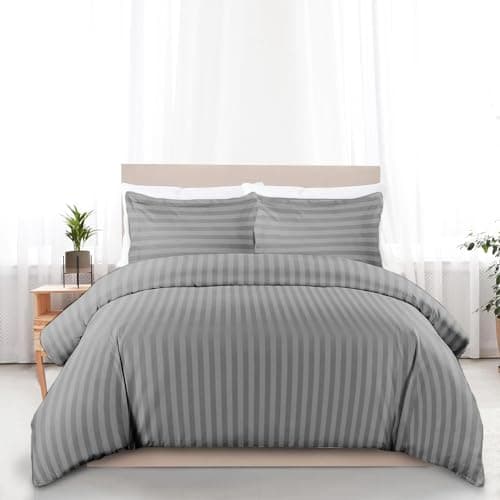Image of Sapphire Textile Egyptian Cotton Duvet Cover Bedding Set 400 Thread Count Satin Stripe Quilt Cover With Pillowcase Hotel Quality with Easy Closure (Gray, Double)