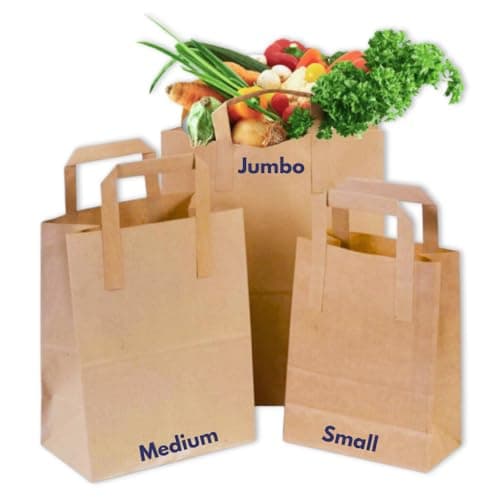 Image of Clearly 50 Brown Kraft Paper Bags with Handles | 10x8.5x4 Medium | 70 GSM -Thickness | SOS Takeaway Lunch Grocery Gift | Take Away Bags for Shopping Store Bakery Restaurants