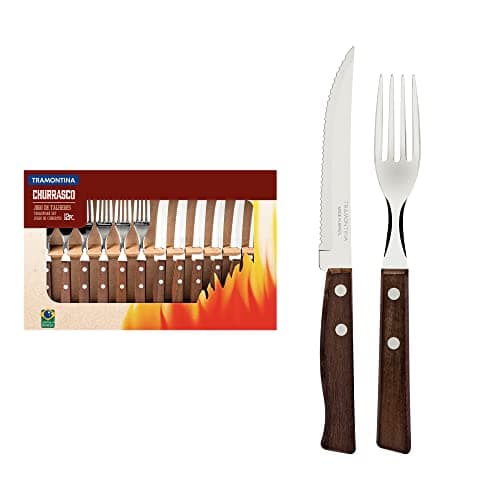 Image of Tramontina Cutlery Set with Steak Knives, 12 Piece Sharp Knife and Fork Set with Wooden Handles, ‎Camping, Kitchen, Rustic, 22299002