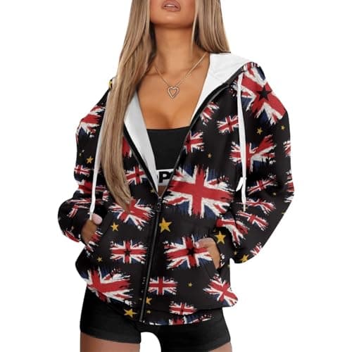 Image of Biyejit Union Jack Womens Hoodies Sweatshirt with Pocket Zipper Hooded Jackets Lightweight Ladies Long Sleeve Sportwear Plus Size XS-4XL