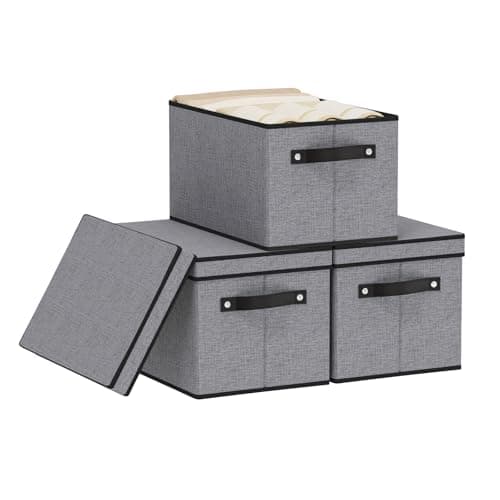 Image of YheenLf Storage Boxes with Lids, 3-Pack Shelf bins with Handles, Foldable Cube Organizer Basket for Organizing, Linens Clothes, Shelves Organiser, Gray, 38×25×21 cm