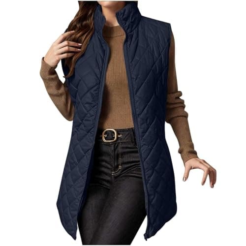 Image of Cocila Women's Quilted Gilet Longline Jacket Sleeveless Down Vest Lightweight Body Warmer Padded Outerwear Ladies Autumn Winter Coat Cozy Zipper Waistcoat Hiking Sports Workout Navy XXL