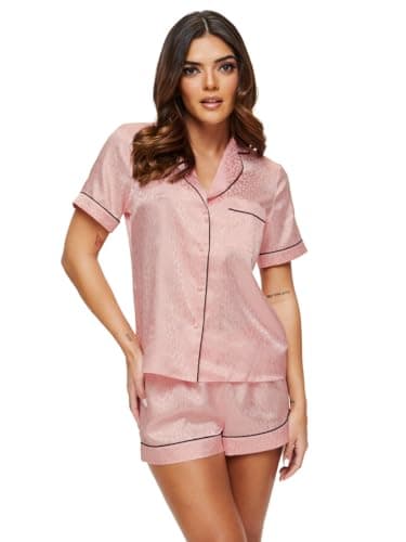 Image of Ann Summers Signature Satin Short PJ Set (2 Piece) Jacquard Satin Pyjamas for Women – Luxurious Button-Up Womens Pyjamas for Bedtime or Lazy Mornings, Comfortable and Stylish Ladies PJs Pink