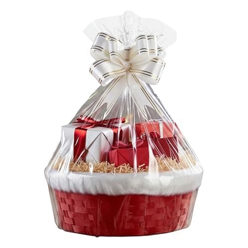 Image of H-Line Christmas Hamper Basket Santa Bamboo Baskets Round Wicker Baskets with White Faux Fur Trim Cellophane Wood Shred Bow Set Decorative Festive Hamper Christmas Basket for Snacks Sweets (Small)