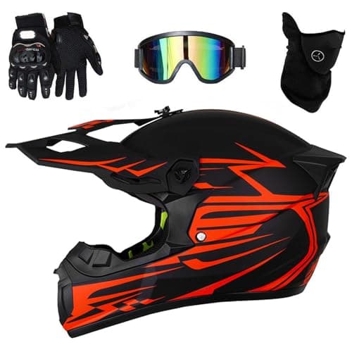 Image of Kids Motocross Helmet Full Face - Lightweight Youth ATV/Bike Motorcycle Helmet with Fashion Tail Wing & Removable Padding, Goggles + Breathable Mask + Gloves(As red,L(56~57cm))