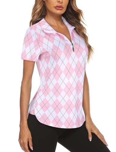 Image of Gemulate Women's Short Sleeve Golf Clothing Floral Fitness Clothes Polo Shirts Golf Tennis Zip Up Sports Workout tee Shirts Pink L