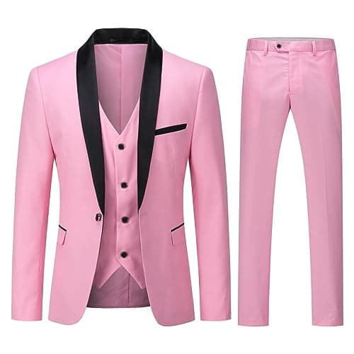 Image of YOUTHUP Mens Suits Slim Fit 3 Piece Suit Shawl Lapel Wedding Dinner Tuxedo 1 Button Blazer Pants Vest, Pink, L