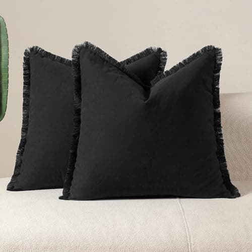 Image of Tennove Cushion Covers 45x45cm Set of 2 Decorative Boho Throw Pillow Case with Fringe Tassels Washed Cotton Linen Soft Farmhouse Pillow Cover for Home Sofa Bed Room,Black
